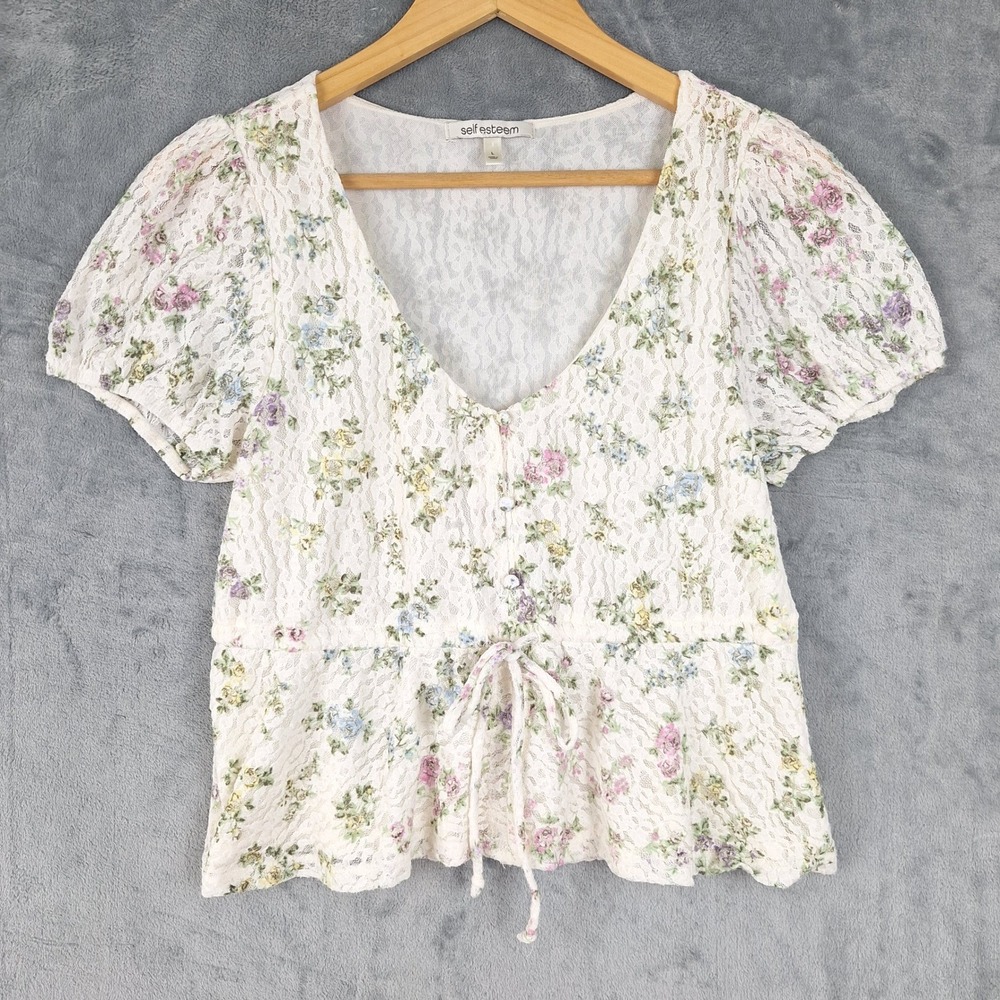 Cottagecore Floral Top Womens Large Romantic Lace Coquette Fairy Babydoll Dainty